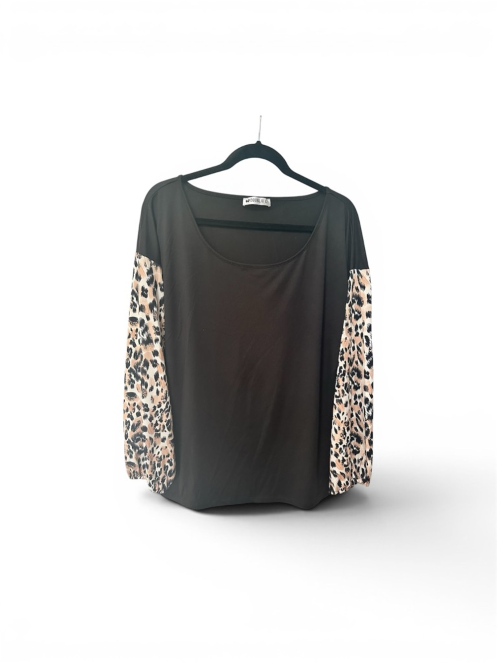 Doublju Black Top with Leopard Print Long Sleeves Large